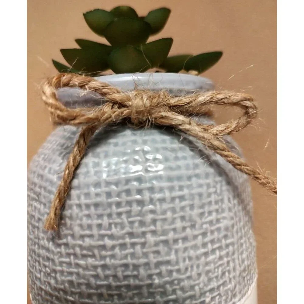 Rustic Ceramic Succulent Vase Jute Bow Textured Gray & White Planter Home Decor